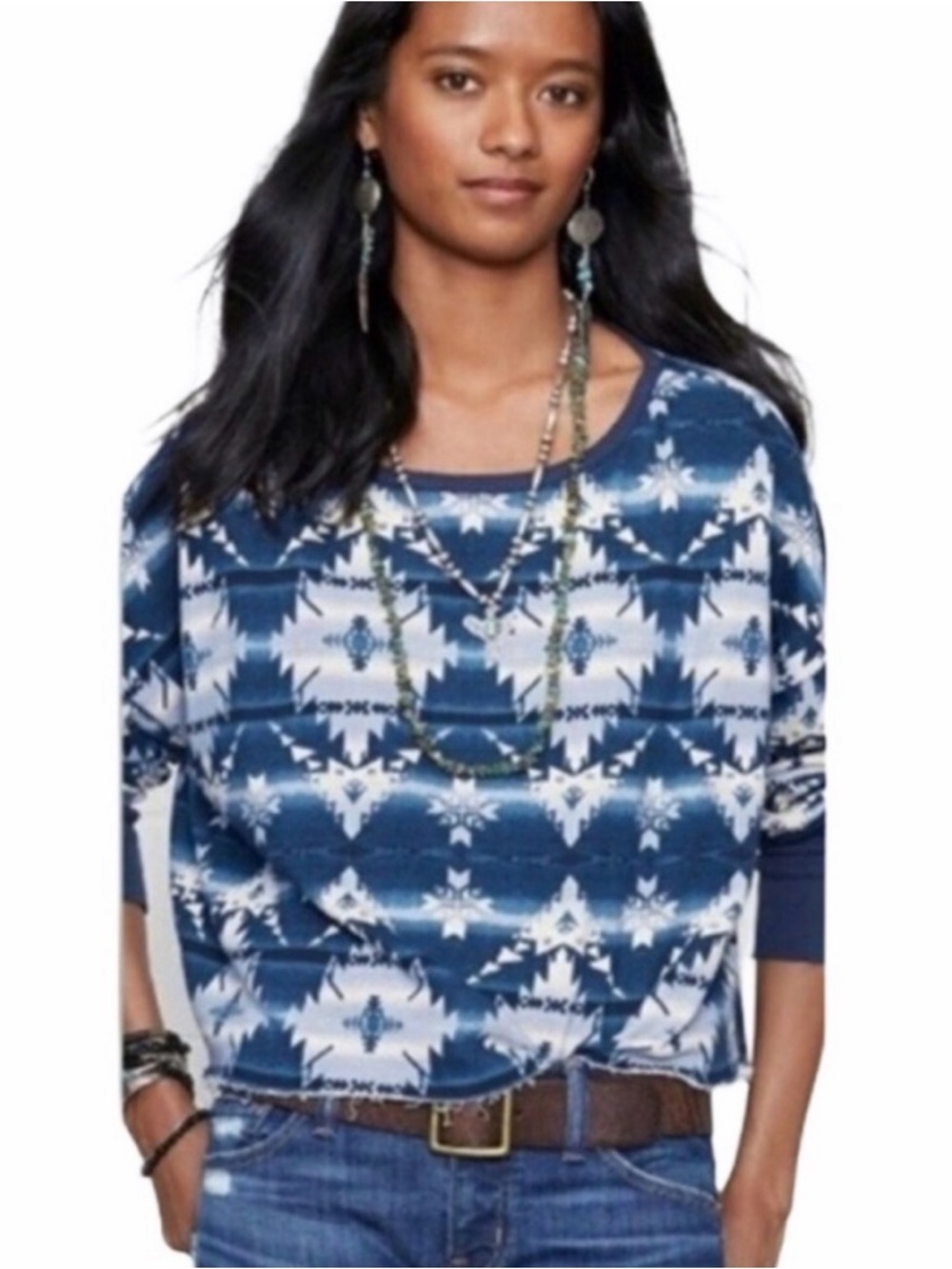 Ralph Lauren Denim Supply Blue Southwest Boho Crop Sweatshirt